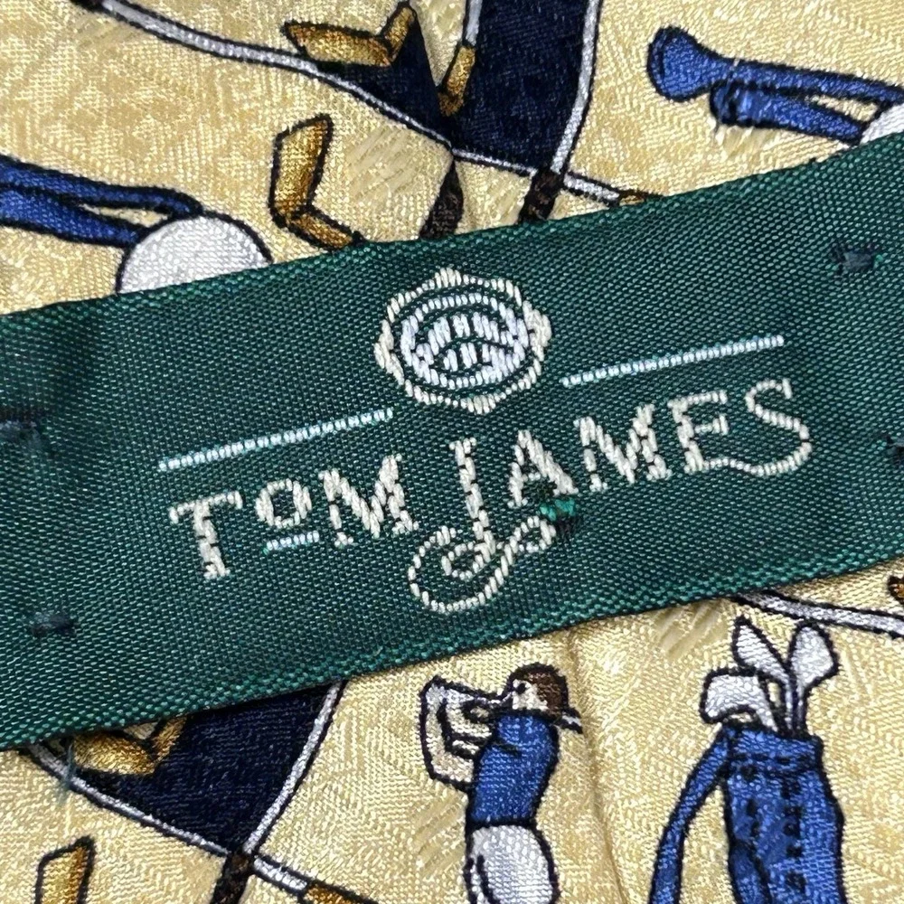 Tom James Golf Theme Tie Yellow Blue Golfer Clubs Silk Made in USA Necktie